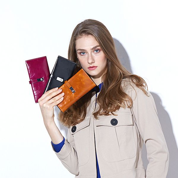 

new luxury designer brand women wallets retro oil wax leather anti-magnetic cross wholesale multi-card wallet leather long wallet 1240, Red;black
