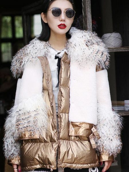 

2020 new women fashionable wool splicing down jacket gilded fur grain cashmere coat winter women's 90% duck down coat, Black