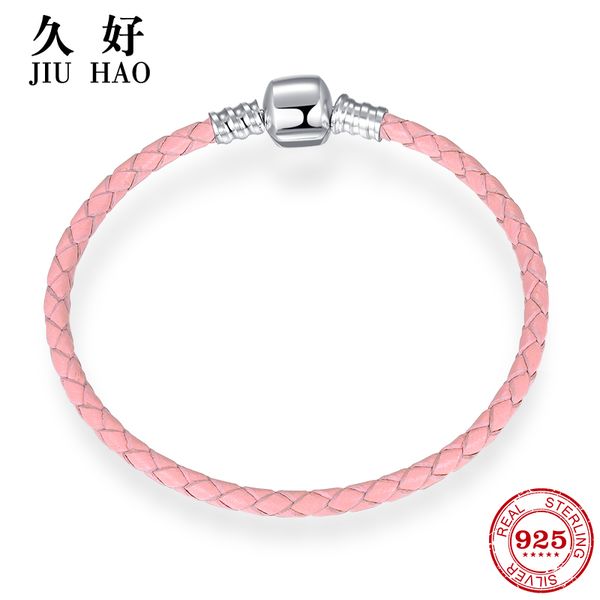 

925 sterling silver charm pink leather rope bracelets diy for fashion jewelry womens accessories trendy, Golden;silver