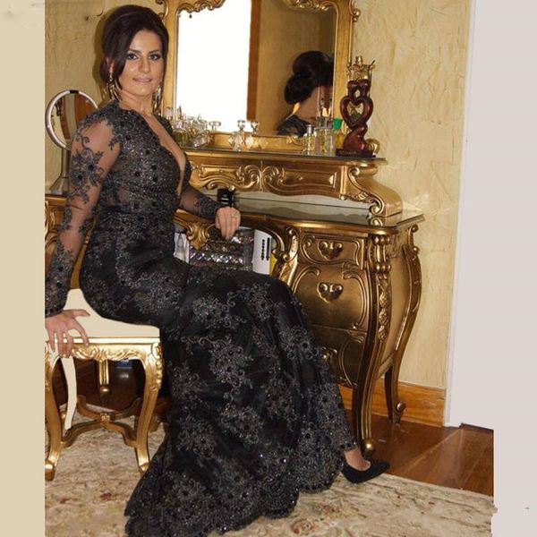 

dubai turkish arabic 2019 v-neck long sleeves lace prom dresses beading sequined floor length evening party dresses custom made, Black