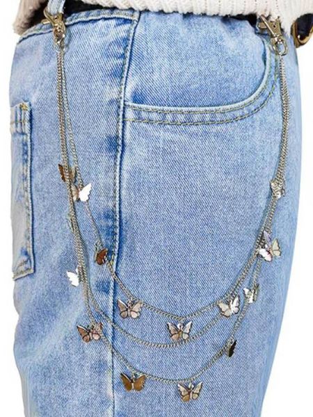 

kpop trouser butterfly chain belt keychain egirl metal wallet hipster pendant key chain women man pant chains hip hop jewelry, Silver