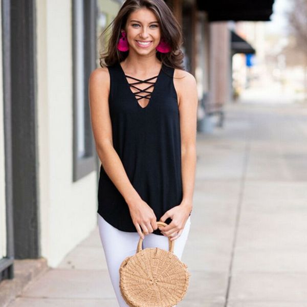 

2019 women summer bandage black vest v neck female basic tank, White