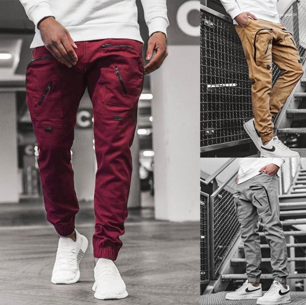 

style solid color panelled pockets jogger pants new style mens long pants casual mens cargo pants fashion street, Black