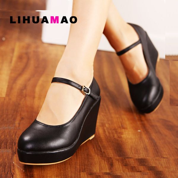 

lihuamao women wedges mary jane shoes round toe ankle strap platform pumps fashion ladies shoes work party wedding, Black