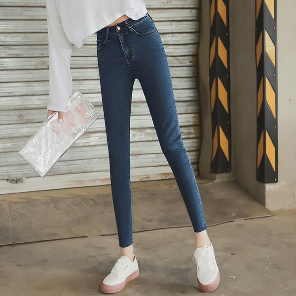 

chic pencil pants women's capri high-waisted korean-style slim fit high elastic skinny pants black and white with pattern, Blue