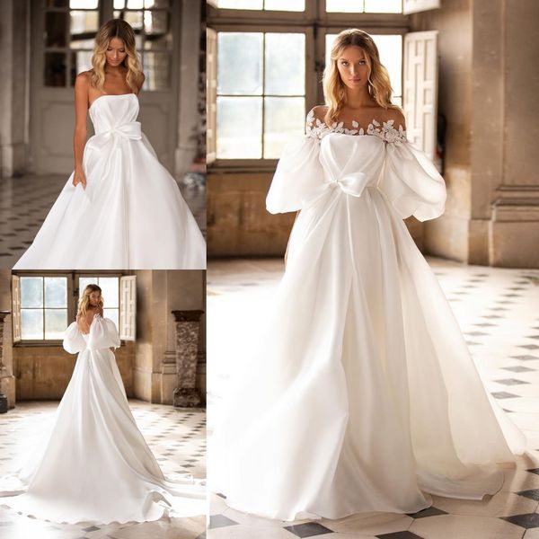 

elegant appliqued wedding dresses strapless neck with half sleeves jacket bridal gowns a line sweep train taffeta robe de marie, White