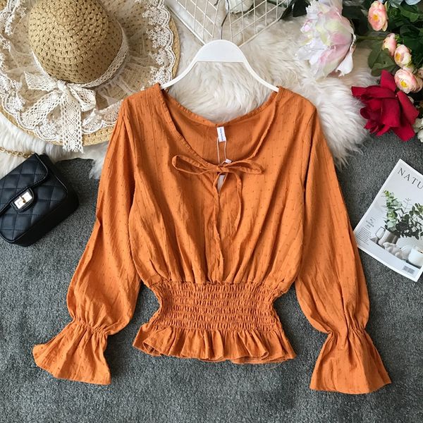 

весна новый v-образным вырезом с длинным рукавом flare тонкая талия однотонные короткие укороченные топы блузка женская рубашка blusas mujer, White