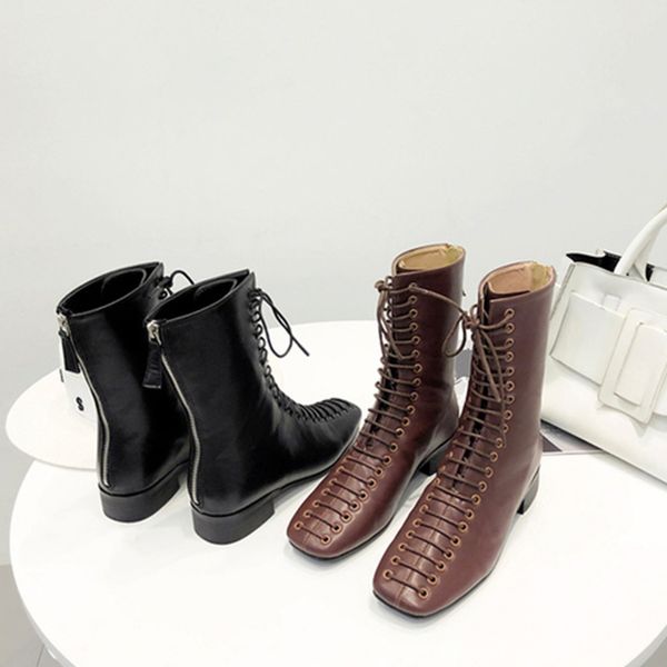 

boussac lace up cross-tie boots women vintage square toe ankle boots for women solid back zipper punk goth swe0668, Black