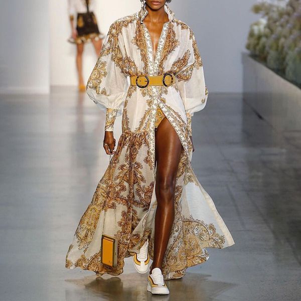 

designer luxury women runway dresses stand collar long sleeve gold flower print milan runway dress female long dress a244, Black