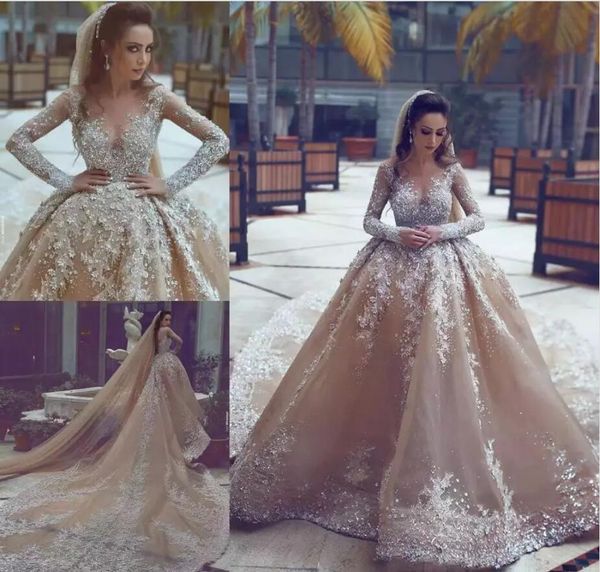 

2019 new luxury mermaid wedding dresses with detachable train major beading wedding gowns catchedral train sheer neckline bridal dress, White