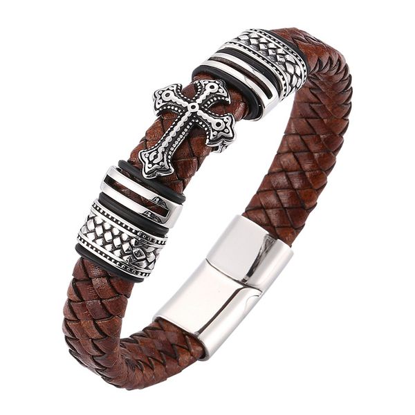 

vintage brown leather braided bracelet men jewelry cross stainless steel magnetic clasp male bangles handmade, Golden;silver