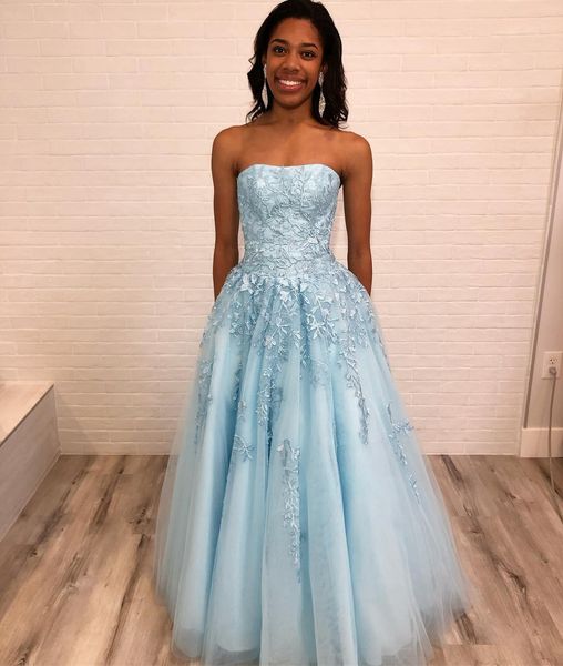 

strapless a-line tulle baby blue prom dresses lace applique evening formal dresses floor length inexpensive party dresses, Black