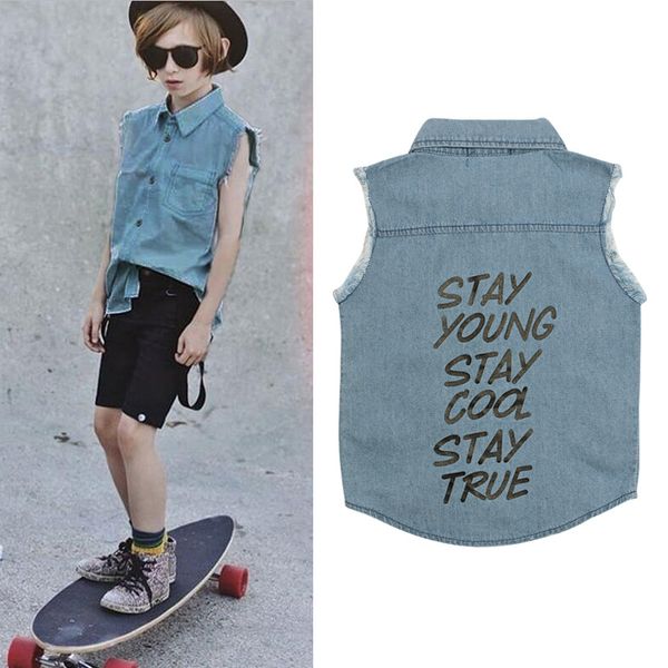 

children summer boys and girls cardigan jacket sleeveless vest denim vest fringed letters casual without hoodie, Camo