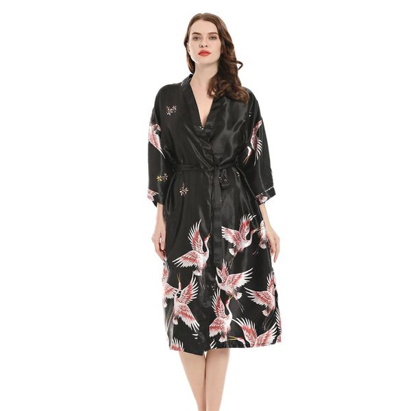 

women satin robe print wedding bride bridesmaid dressing gown summer sleepwear kimono bathrobe long nightgown night dress, Black;red