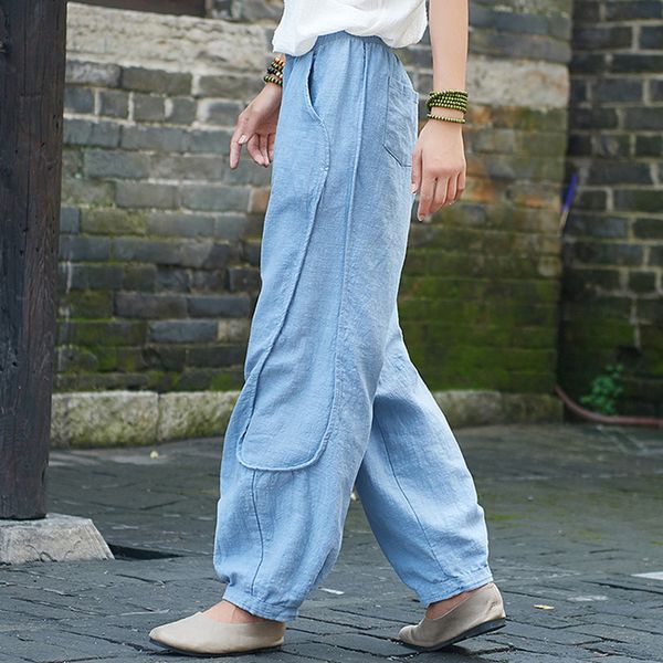 

johnature 2020 autumn new patchwork women straight pants vintage cotton linen trouser elastic waist loose pants, Black;white