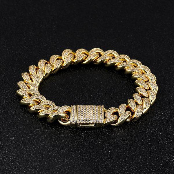 

dnschic hip hop bling cuban bracelet 12mm gold iced out cuban chain link mens cz iced bracelet for men women hip hop jewelry, Golden;silver