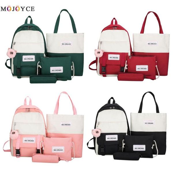 

4pcs hit color women backpack canvas shoulder messenger clutch pen bag set