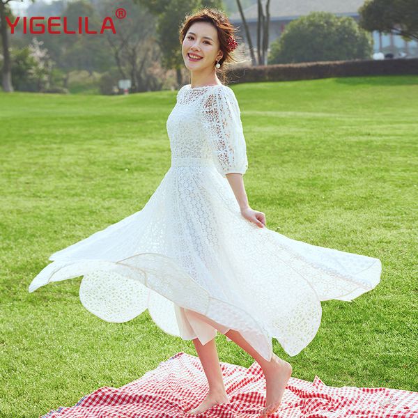 

white lace dress empire first love skirt fairy long skirt mid-sleeve lace big swing slim fit round neck hollow out embroidery a-line dresses, White;black