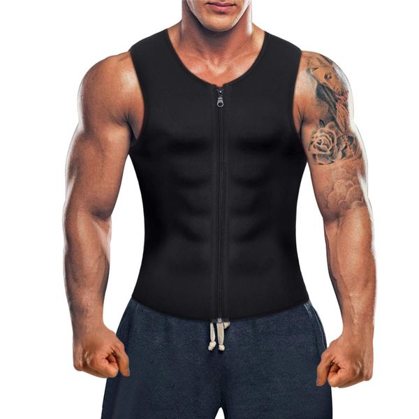Schwarze Herren Hot Neopren Sauna Anzug Taille Trainer Weste Korsett Body Shaper Reißverschluss Tank Tops Workout Shirt Sport Gym Fitness Weste