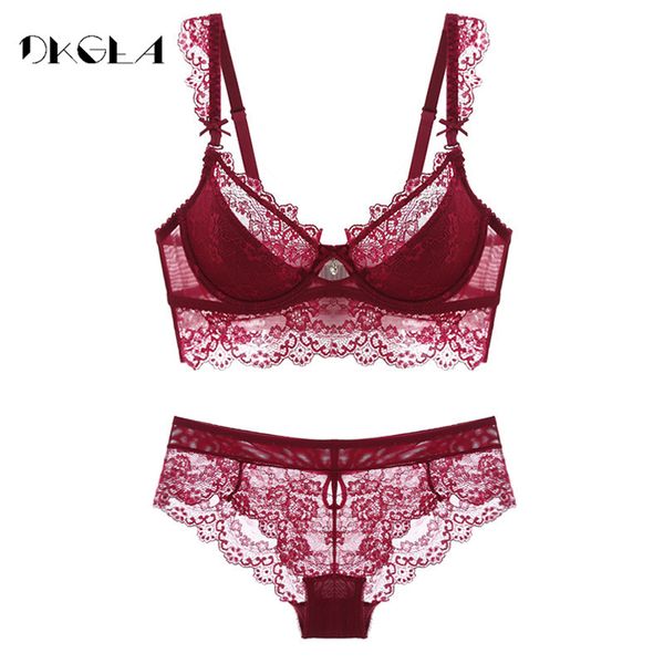 

fashion black lace underwear women push up bra set plus size b c d cup thin cotton comfortable brassiere lacy lingerie set, Red;black