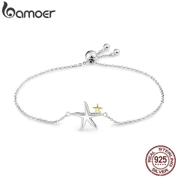 

bamoer romantic genuine 925 sterling silver starfish fairy tale women chain link bracelet luxury sterling silver jewelry scb025, Golden;silver