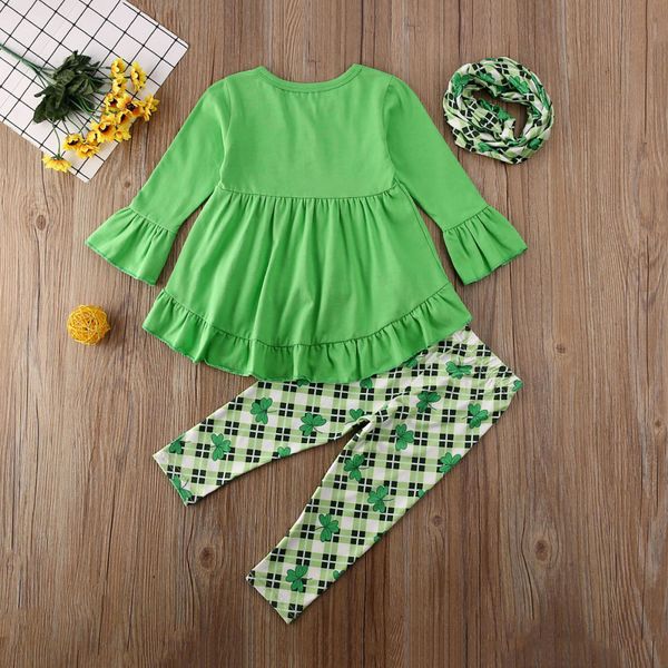 

2020 spring kids baby girl clothes solid long sleeve dress+clover pants+scarf outfits 3pcs