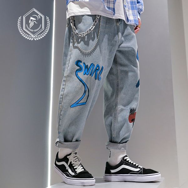 

golomise men loose straight jeans fashion print ankle-length harem hip hop jeans, Blue