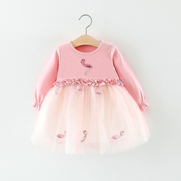 

spring fall girls clothes dress long sleeve o-neck love heart or falamingo tutu design dress elegant girl clothing dress, Red;yellow