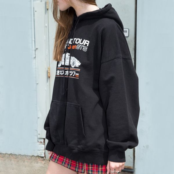 

женщины автомобили печать крупногабаритного hoodie в черной вскользь плече падения с капюшоном из флиса внутренних, Black