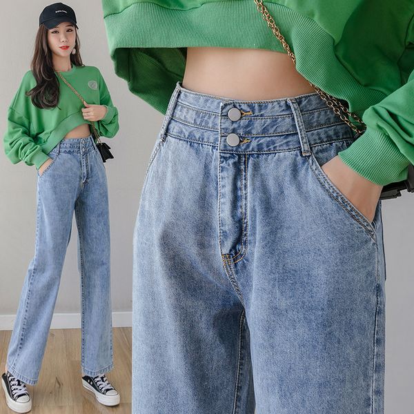 

2020 spring new jeans women's spring new slimming high slim korean straight wide leg pants mopping pants net red wild, Blue