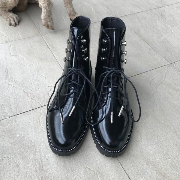 

new italian style women boots genuine leather round toe women motorcycle boots lace up shoes women zapatos mujer, Black