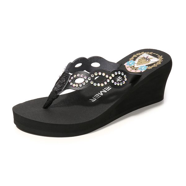 

women's summer shoes 2019 woman rhinestone flip flops sandales wedges platform fashion beach sandals sapato feminino, Black