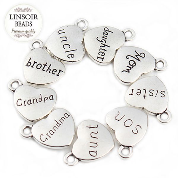 

20pcs mixed antique silver heart charms grandpa,grandma,daughter,son,mon,dad,brother,sister letter charms f2038, Bronze;silver