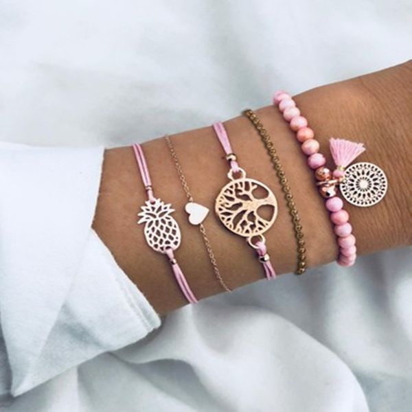 

5 pcs/set boho women pineapple tassels dreamcatcher heart tree chain bead leather bracelet set charm fashion accessories, Golden;silver