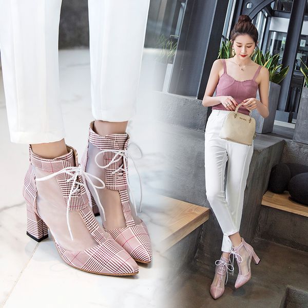 

fashion ankle boot snake print cross tie hoof high heels short boots pointed toe spring boots shoes spring woman shoe, Black;white