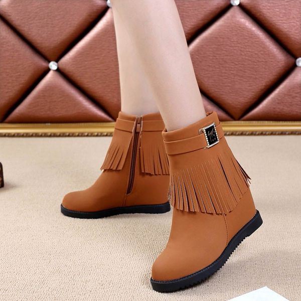 

tassels casual boots women autumn winter 2019 female boots belt buckle increase within plush shoes woman bottes femme, Black