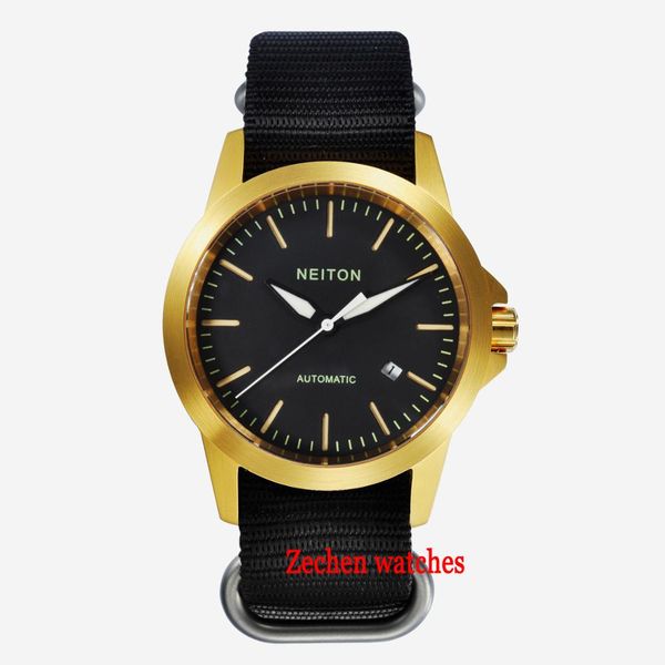 

neiton 42mm sapphire crystal brushed 316l stainless steel case large numerals luminous automatic movement black mens watch, Slivery;brown