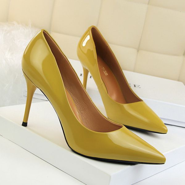 

new women pumps shoes patent leather shallow slip-on pointed toe 9cm thin high heels wedding party lady solid female shoes, Black;white
