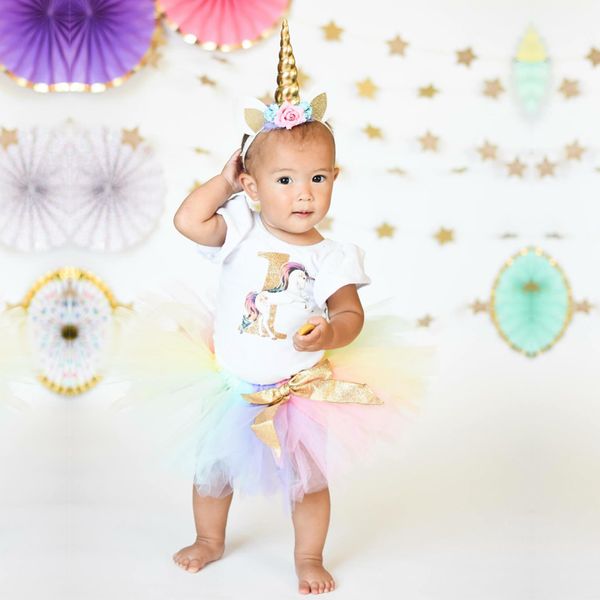 

highquality first year baby girl unicorn outfit birthday dress princess 1st baptism dress for infant girls clothes 1year old toddler costume, Red;yellow