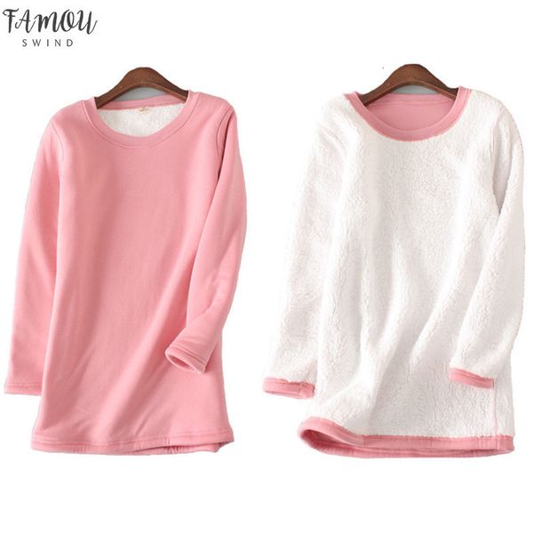 

winter lady solid thick t shirt long sleeve warm women t shirt lamb fleece inside comfy undershirt thermal o neck autumn tees, White