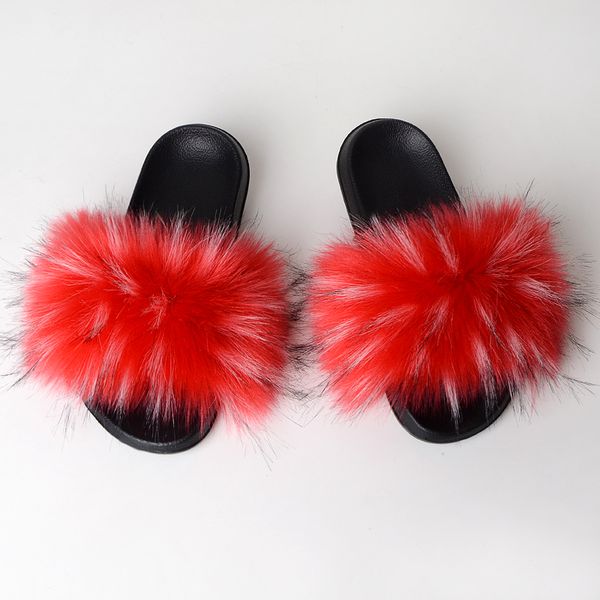 

fashion real raccoon fur slides slippers furry flip flops casual vogue fur sandals vogue plush shoes and fuzzy shoes, Black