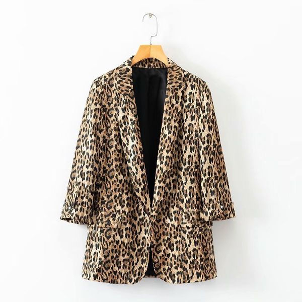 

woman leopard print club jacket roll up cuff open stitching casual coat pattern female fashion notched collar outerwear, Black;brown