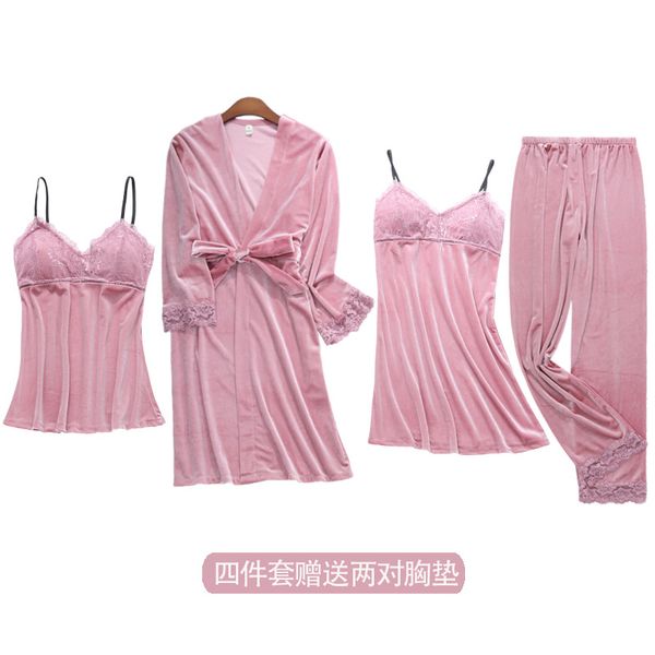 

women's sleepwear winter design velvet 4 pieces pajamas sets bathrobe + short nightdress long pants padded pijamas set, Black;red