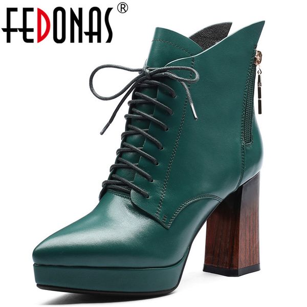 

fedonas women high heels ankle boots genuine leather autumn winter ladies shoes woman platforms basic boots, Black