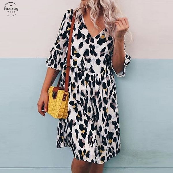 

womens plus size summer dress v neck leopard print middle sleeve party dresses summer beach dress 2020 de verano new, Black;gray