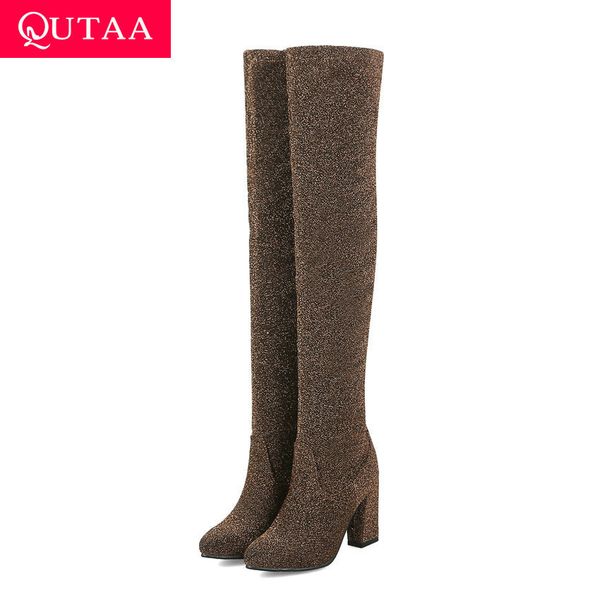 

qutaa 2020 women over the knee high boots winter flock slip on women shoes pointed toe square heel concise long boots size 34-43, Black