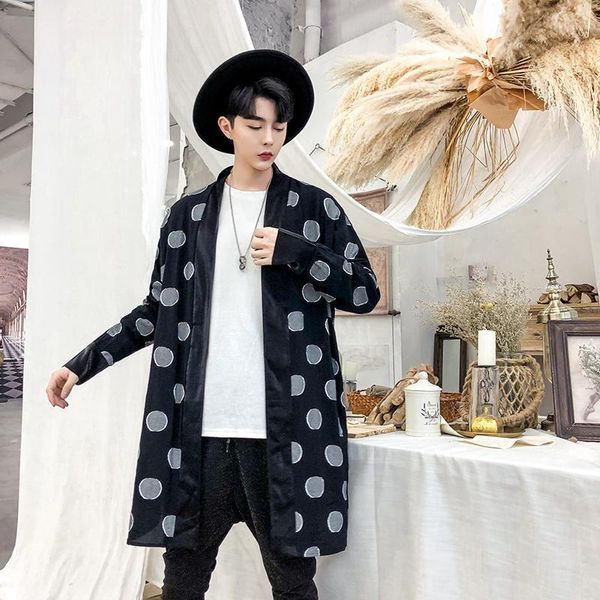 

yasuguoji new 2019 fashion polka dot mens trench coat jacket high street turn-down collar windbreaker plus size gothic coat, Tan;black