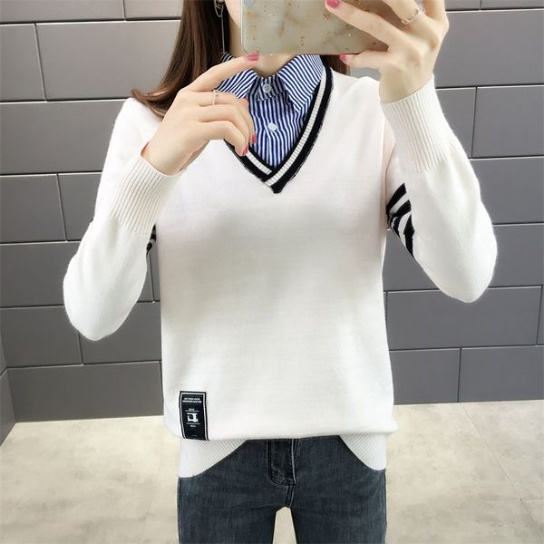 

autumn 2019 new shirt collar fake two sweaters women's korean pullover knitting sweater-ff49-5666, White;black
