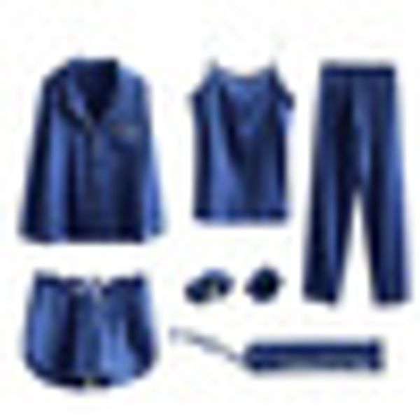 

2019 cotton 7 pieces set women sleepwear silk pajamas chest pad nightwear women summer lace homewear lingerie, Blue;gray
