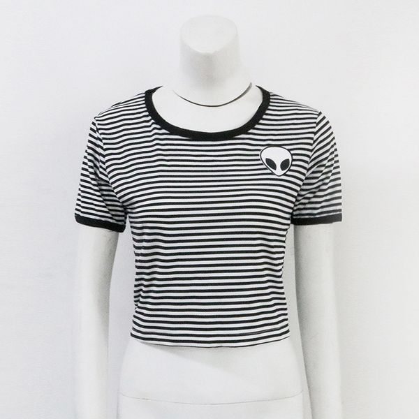 

2019 new womens short sleeves print korean self-cultivation round collar t-shirt striped fashion casual tees streetwear clothes, White